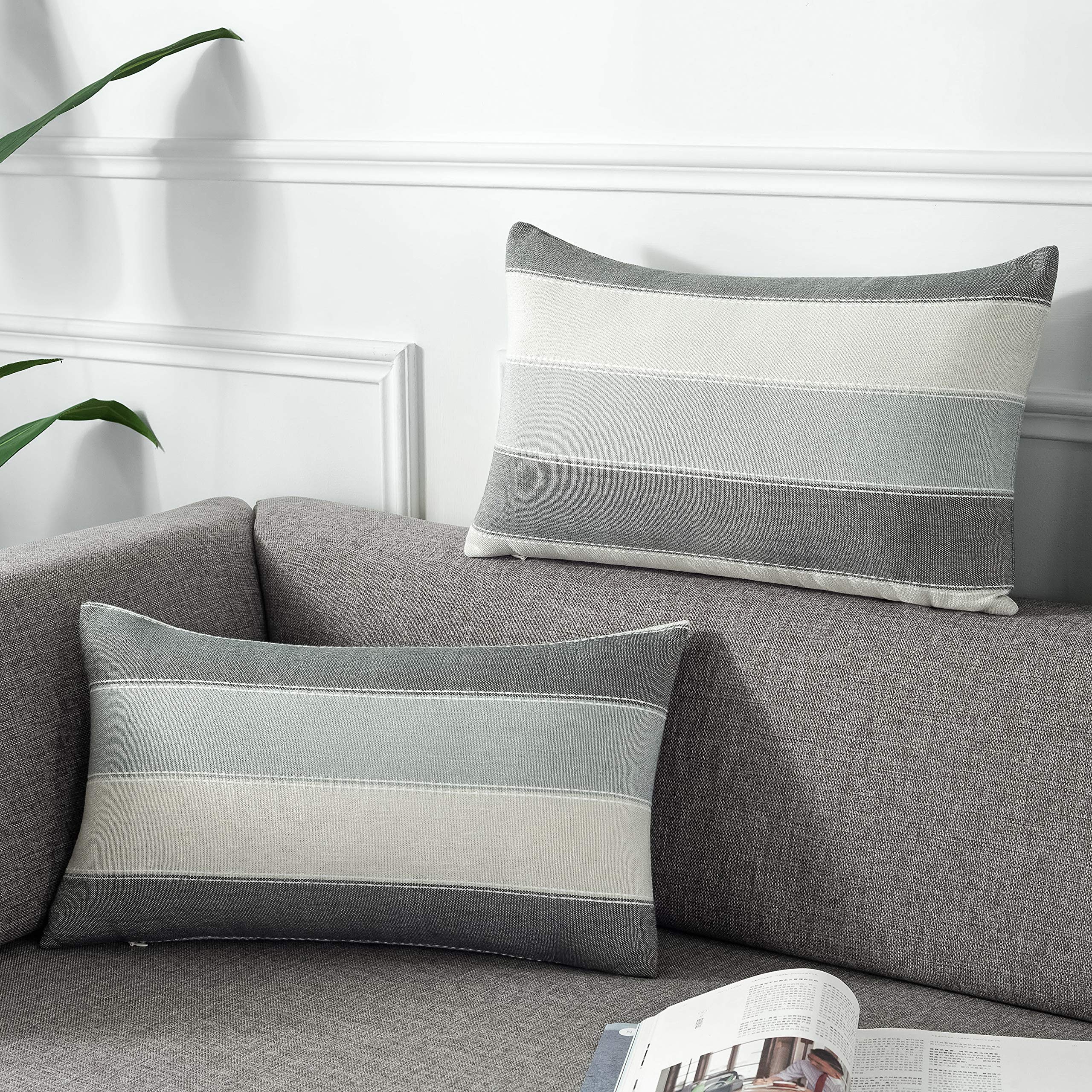 AmHoo Pack of 2 Farmhouse Stripe Check Throw Pillow Covers Set Case Cotton Linen Decorative Pillowcases Cushion Cover for Couch Bench Sofa 20x20 Inch Sage Green