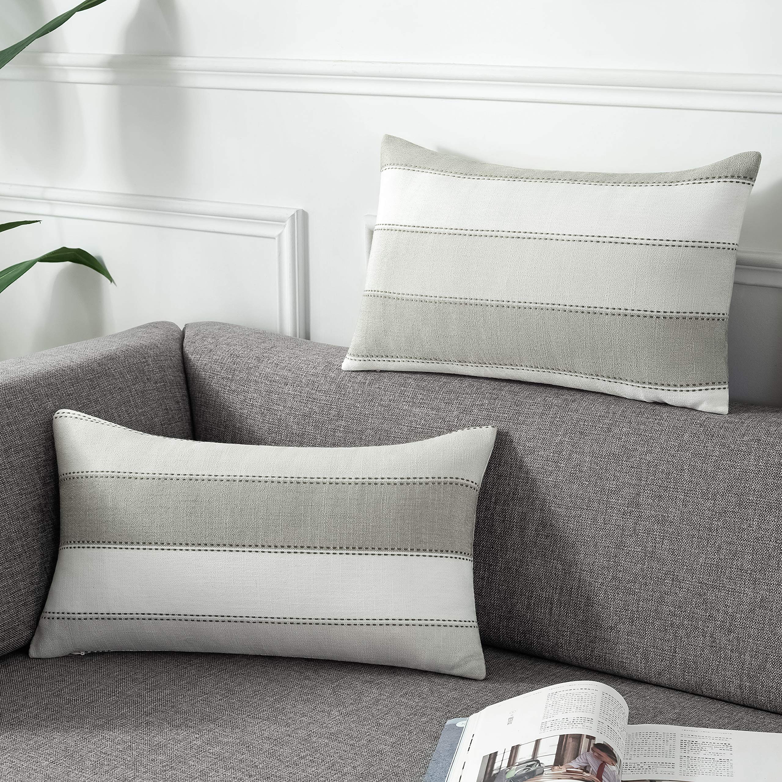 AmHoo Pack of 2 Farmhouse Stripe Check Throw Pillow Covers Set Case Cotton Linen Decorative Pillowcases Cushion Cover for Couch Bench Sofa 20x20 Inch Sage Green