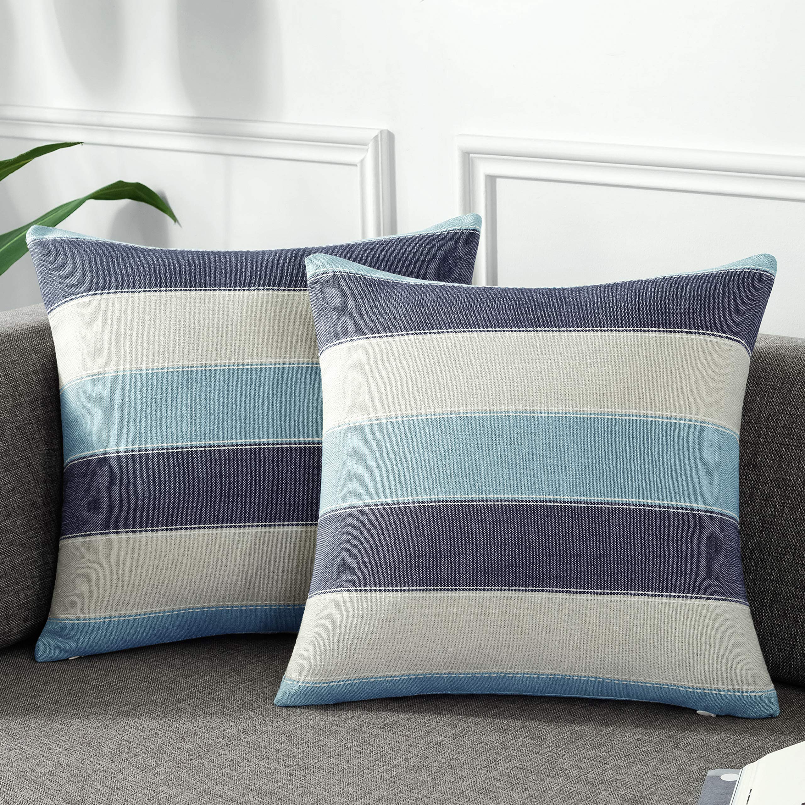 AmHoo Pack of 2 Farmhouse Stripe Check Throw Pillow Covers Set Case Cotton Linen Decorative Pillowcases Cushion Cover for Couch Bench Sofa 20x20 Inch Sage Green