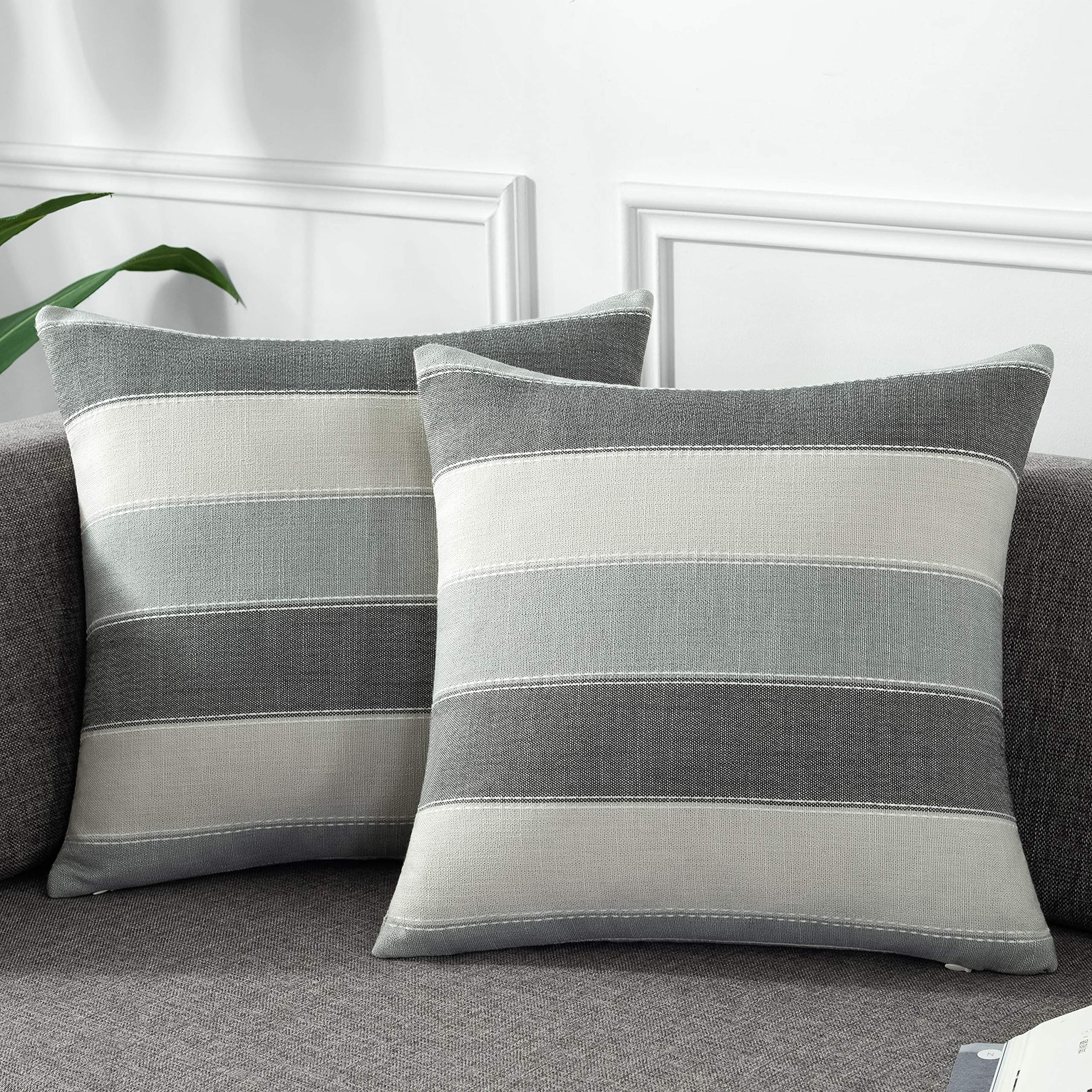 AmHoo Pack of 2 Farmhouse Stripe Check Throw Pillow Covers Set Case Cotton Linen Decorative Pillowcases Cushion Cover for Couch Bench Sofa 20x20 Inch Sage Green